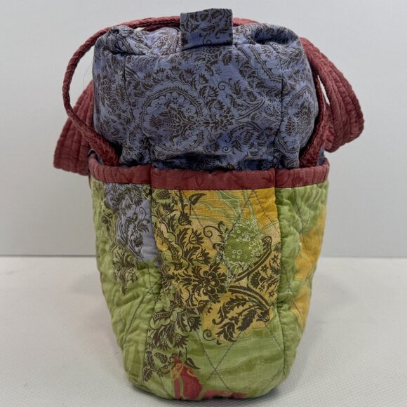 Handcrafted Multi-Color Quilted Fabric Tote Bag Zipper Closure Button Pockets - Picture 3 of 16